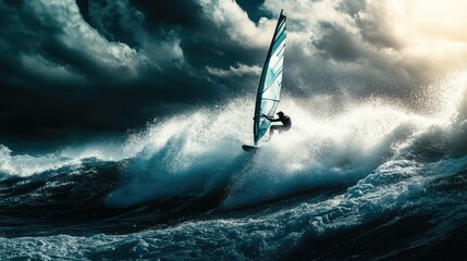 A dramatic shot of a windsurfer catching a big wave, with the sail fully extended, demonstrating the thrill and excitement of tackling challenging conditions.