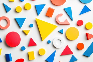 Geometric shapes in primary colors scattered on a white background, showcasing creative arrangement and visual harmony in design elements