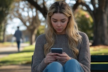 A young woman with blonde hair sits alone on a bench in a park, intently checking her phone on a sunny afternoon among trees