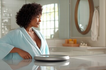 An overweight woman in a light blue robe stands confidently in her bright bathroom, preparing to step onto a scale during her morning routine