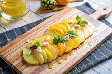 Fresh mango and lemon slices on a wooden board.