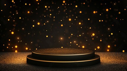 Black round podium product stage on black background of golden glitter