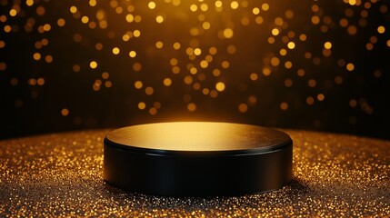 Black round podium product stage on background of golden bokeh