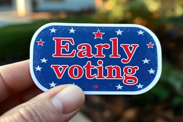 Person holding an early voting sticker during the day with blurred urban background showcasing civic engagement and participation