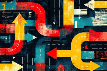 An abstract illustration of a complex road network featuring colorful diverging arrows indicating various directions © Road Red Runner