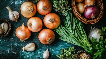 A flat lay of whole raw onions, garlic bulbs, and fresh herbs, arranged in a rustic kitchen setting, perfect for meal preparation.