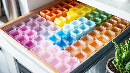 A fun and colorful shot of a variety of silicone ice cube trays stacked in a kitchen drawer, showcasing organization and creativity in kitchen tools.