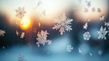 Naklejka premium A high-definition macro shot of snowflakes clinging to a cold windowpane, with the ice crystals illuminated by natural light from outside.