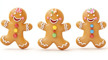 Fototapeta premium Colorful gingerbread cookies with icing details on a white background.