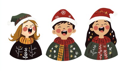 Cheerful festive children in colorful holiday attire, laughing and celebrating joyfully.