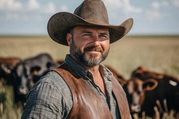 Fototapeta premium Cowboy with a Smiling Face Wearing a Brown Hat