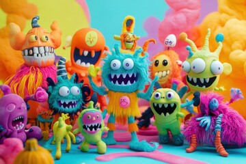 Naklejka premium A whimsical gathering of colorful monsters during an enchanting Halloween celebration