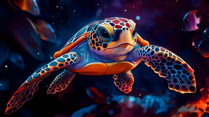 Sea Turtle Swimming in a Vibrant Underwater World with Abstract Patterns and Colors