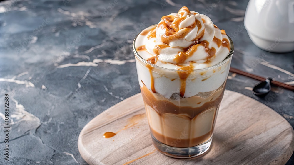 Sticker Caramel-topped iced coffee in a glass on a table.