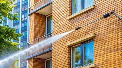 Obraz premium Power Washing Services for Cleaning Residential Exteriors with High-Pressure Water Spray on Dirty Bricks