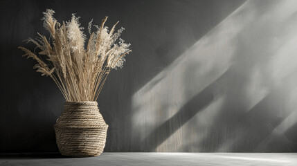 Rustic dried pampas grass in woven vase with soft sunlight and dark backdrop