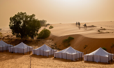 Atardecer en el desierto de Lompoul, SENEGAL. Dunas doradas, campamento de tiendas,  arena y paseo en camellos. © gurb101088
