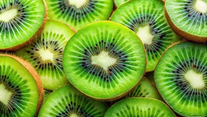 Fresh and Vibrant Green Kiwi Fruit Slices in Close Up Macro Photography Background