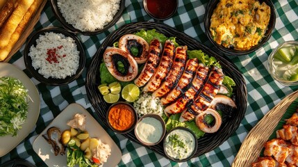 Grilled Seafood Platter with Fresh Vegetables and Sauces