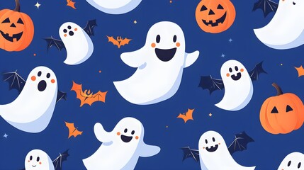 halloween social media post, flat design, top view, flying ghosts and pumpkins on blue background, digital theme, animation, vivid 