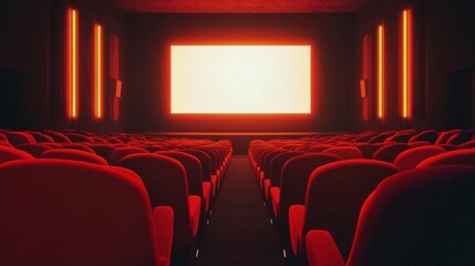 Fototapeta premium Empty cinema hall with red seating and illuminated screen, creating a dramatic and inviting atmosphere for movie enthusiasts.