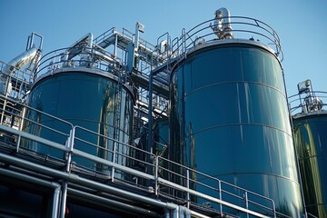 Obraz premium Industrial Storage Tanks with Steel Piping and Catwalks