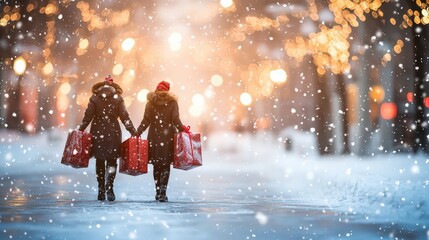 Two people walk in the snow with shopping bags, surrounded by winter lights, creating a festive holiday atmosphere.