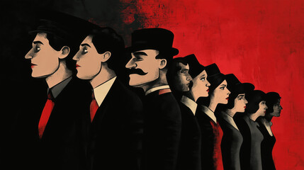 Dictatorship, socialism illustration with red background, people protest, humanitarian, regime, oppression