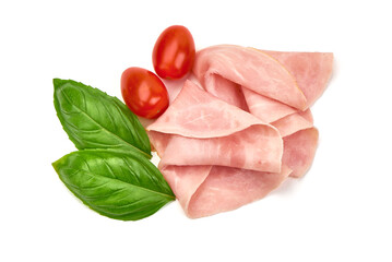Sliced boiled ham with cherry tomatoes and basil leaves, isolated on white background.