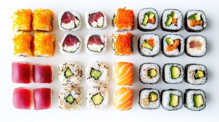 Assorted Sushi Platter Displayed on White Background