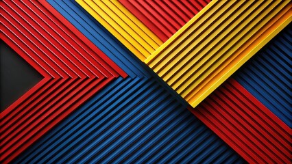 Abstract Geometric Composition with Vibrant Yellow, Red, and Blue Stripes on Black Background