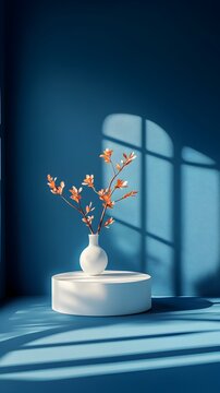 Sophisticated 3D studio environment featuring a vacant product stand in a navy blue color palette  Directional window light creates a dramatic shadow overlay on the surface