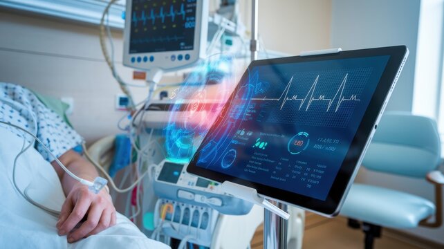 Patient monitoring with advanced medical technology in a hospital setting.