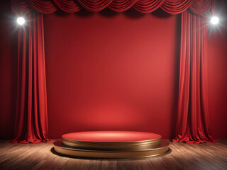 3D podium background with red curtain. Studio display showroom product pedestal, Beautiful product showcase stage mockup. Generative AI.