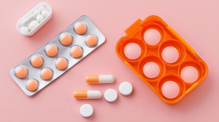 and Compliance: A flat lay arrangement of TB-specific medications (pills or capsules) next to a pill organizer. The image emphasizes adherence to the treatment regimen. The empty compartments 