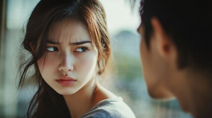 Fototapeta premium Woman looking suspiciously at a man, her lover, indicates tension and distrust in a romantic relationship