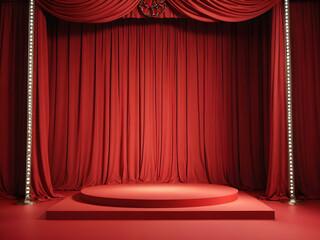 3D podium background with red curtain. Studio display showroom product pedestal, Beautiful product showcase stage mockup. Generative AI.