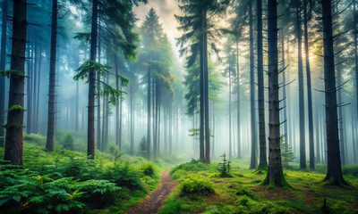 A coniferous dense forest in a dense mysterious fog