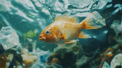Naklejka premium A shot of a fish swimming in polluted water with an oily surface, surrounded by plastic debris and toxins, symbolizing marine life in danger.