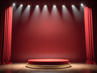 3D podium background with red curtain. Studio display showroom product pedestal, Beautiful product showcase stage mockup. Generative AI.