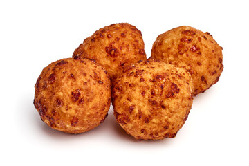 Deep fried curd balls with powdered sugar, Doughnuts, isolated on white background. High resolution image.