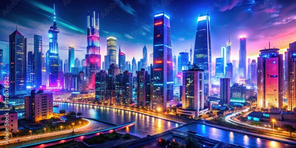 Wall mural vibrant futuristic urban cityscape with bustling nightlife and stunning architecture