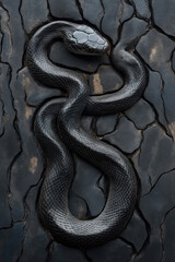 Obraz premium Black snake with glossy scales lies coiled on a cracked, dark surface, blending into its surroundings with a menacing yet sleek appearance.