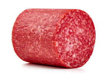 Piece of dry cured salami sausage, isolated on white background.