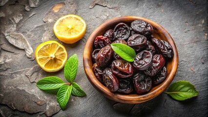 Bird Eye View bowl of sweet dried plums with lemon leaves on rustic stucco background