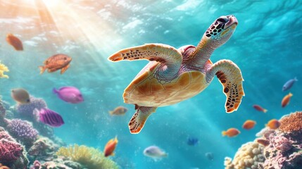 Fototapeta premium Graceful Sea Turtle Gliding Through Vibrant Ocean