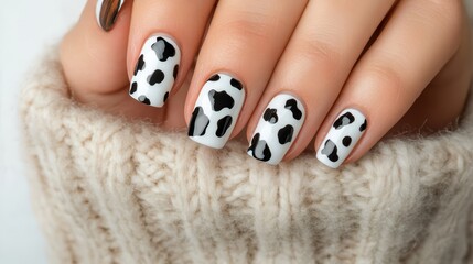 Stylish Cow Print Nail Art on Cozy Sweater Background - Trendy Black and White Manicure Design for Fashion Enthusiasts