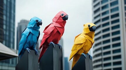 Colorful Origami Parrots Perched Against Urban Skyscrapers