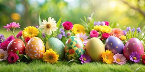 Fototapeta premium Easter eggs adorned with vibrant spring flowers in a beautiful seasonal display