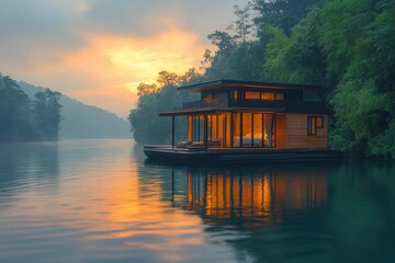 Fototapeta premium luxury houseboat anchored in a tranquil cove surrounded by dense greenery reflecting on calm waters under a soft sunset exuding serenity and elegance